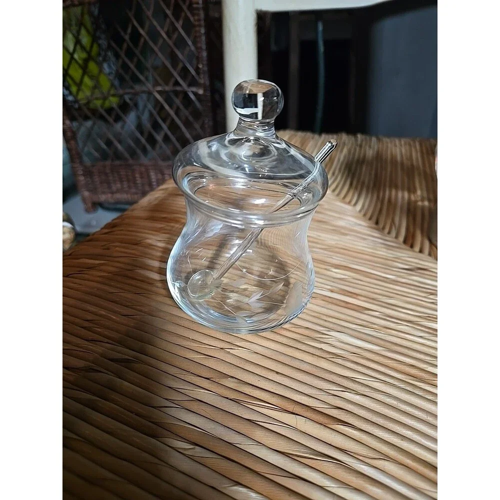 Vintage Princess House Etched Crystal Jelly Jar w/ Lid and Spoon